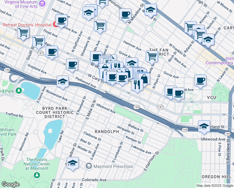 map of restaurants, bars, coffee shops, grocery stores, and more near 1808 Parkwood Avenue in Richmond