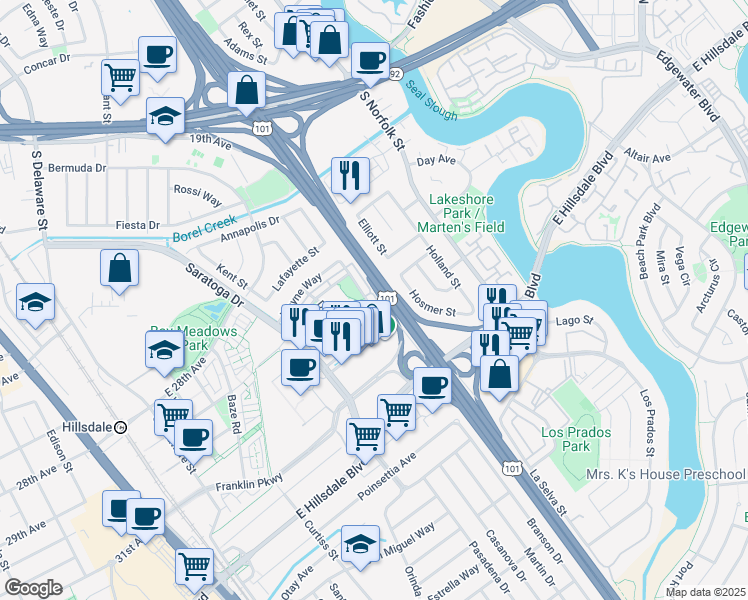 map of restaurants, bars, coffee shops, grocery stores, and more near 1353 Wayne Way in San Mateo
