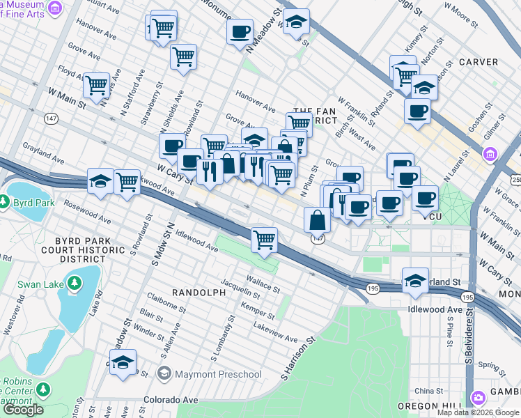 map of restaurants, bars, coffee shops, grocery stores, and more near 1528 West Cary Street in Richmond