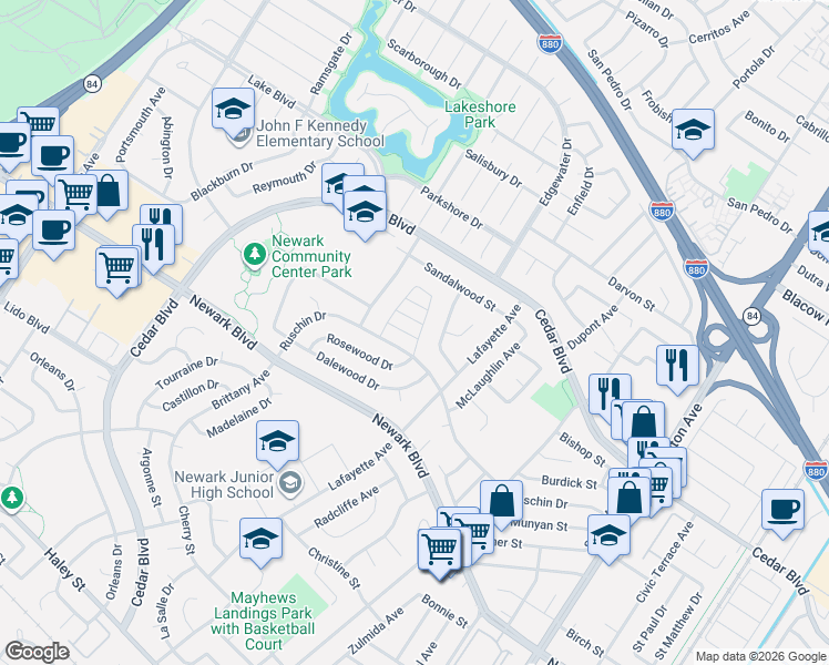 map of restaurants, bars, coffee shops, grocery stores, and more near 36188 Fig Tree Lane in Newark