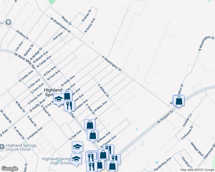 map of restaurants, bars, coffee shops, grocery stores, and more near 209 North Linden Avenue in Highland Springs