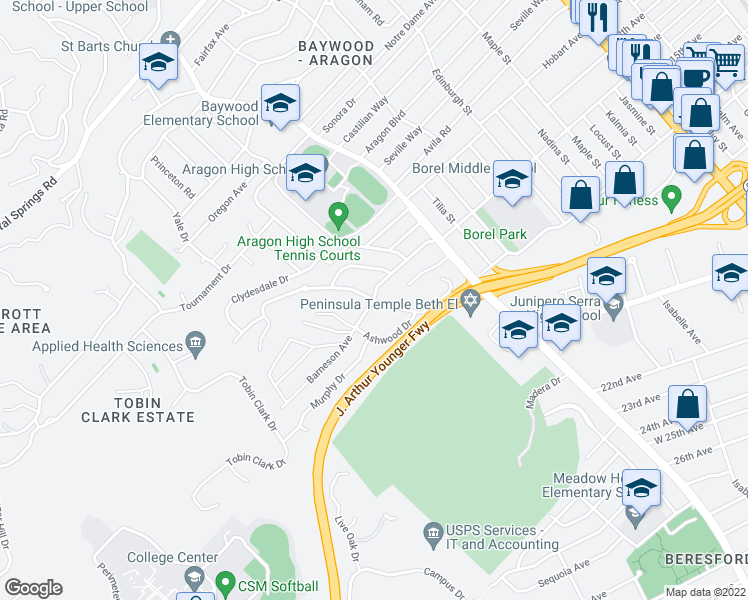 map of restaurants, bars, coffee shops, grocery stores, and more near Barneson Ave & Yew St in San Mateo