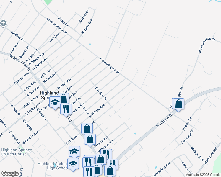 map of restaurants, bars, coffee shops, grocery stores, and more near 216 North Mapleleaf Avenue in Highland Springs