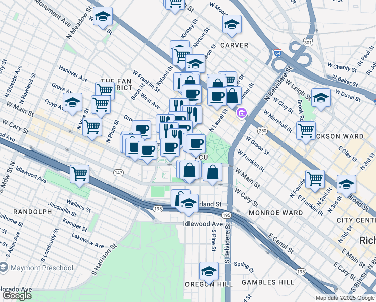 map of restaurants, bars, coffee shops, grocery stores, and more near 817S North Cathedral Place in Richmond