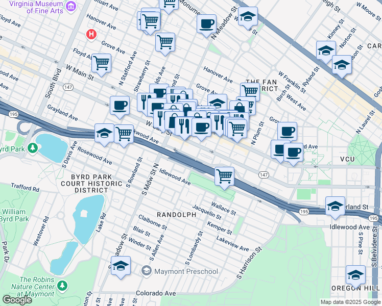 map of restaurants, bars, coffee shops, grocery stores, and more near 1814 Parkwood Avenue in Richmond