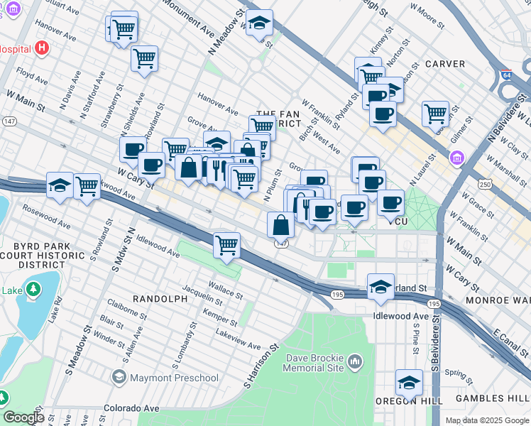 map of restaurants, bars, coffee shops, grocery stores, and more near 20 South Plum Street in Richmond