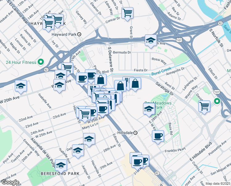 map of restaurants, bars, coffee shops, grocery stores, and more near 2750 South Delaware Street in San Mateo