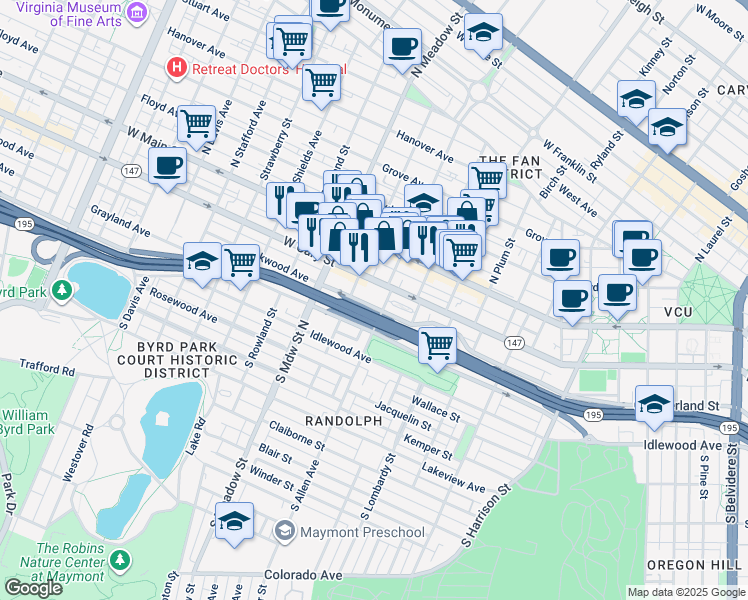 map of restaurants, bars, coffee shops, grocery stores, and more near 1812 Parkwood Avenue in Richmond