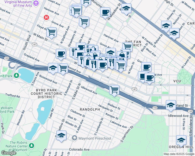 map of restaurants, bars, coffee shops, grocery stores, and more near 1812 Parkwood Avenue in Richmond