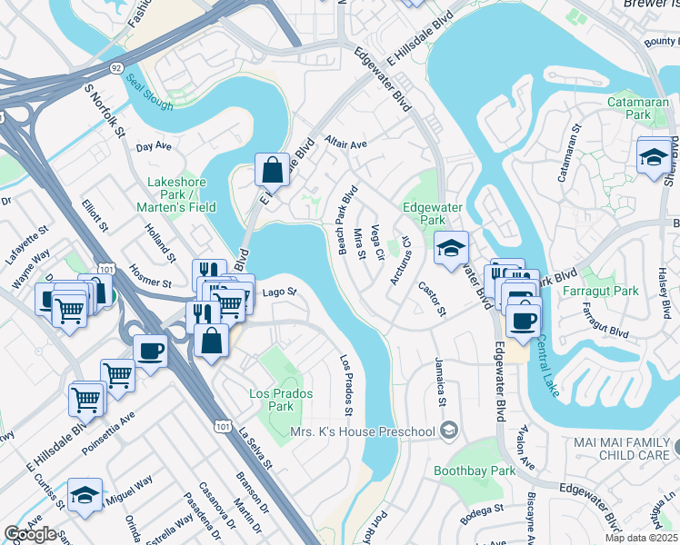 map of restaurants, bars, coffee shops, grocery stores, and more near 162 Beach Park Boulevard in Foster City