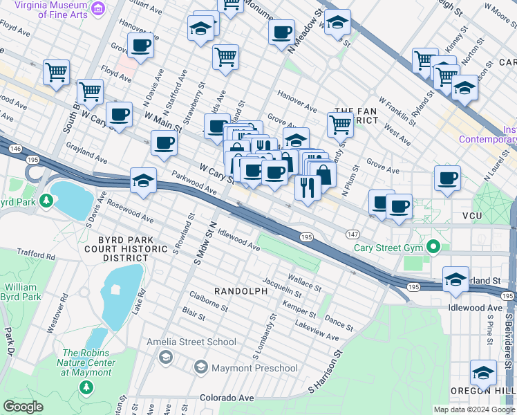 map of restaurants, bars, coffee shops, grocery stores, and more near 1818 Parkwood Avenue in Richmond