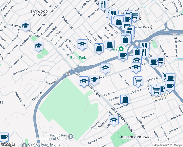 map of restaurants, bars, coffee shops, grocery stores, and more near 1919 Alameda de las Pulgas in San Mateo