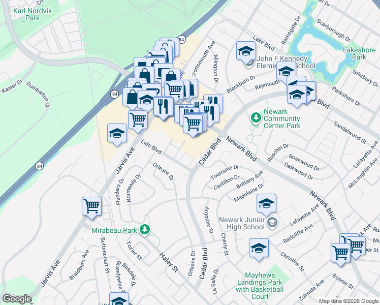 map of restaurants, bars, coffee shops, grocery stores, and more near 6290 Lido Court in Newark