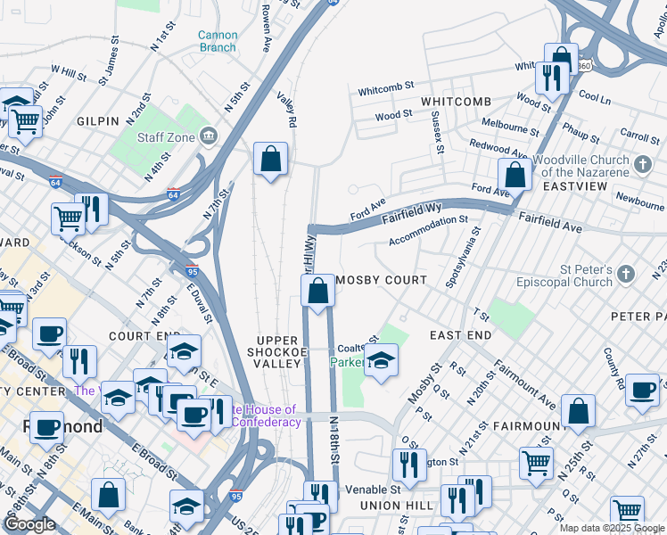 map of restaurants, bars, coffee shops, grocery stores, and more near 1701 Fairfield Way in Richmond