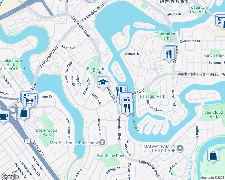 map of restaurants, bars, coffee shops, grocery stores, and more near 801 Ram Lane in Foster City