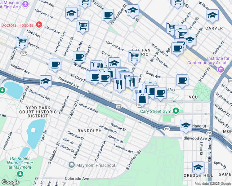 map of restaurants, bars, coffee shops, grocery stores, and more near 1528 West Cary Street in Richmond
