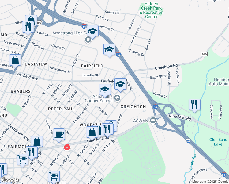 map of restaurants, bars, coffee shops, grocery stores, and more near 2100 North 28th Street in Richmond