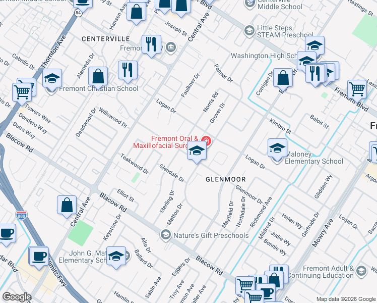 map of restaurants, bars, coffee shops, grocery stores, and more near 38048 Glenmoor Drive in Fremont