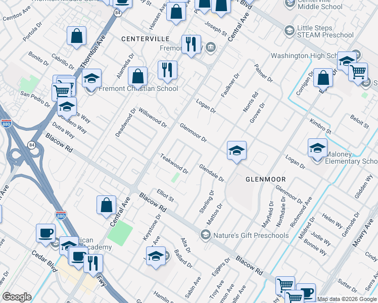 map of restaurants, bars, coffee shops, grocery stores, and more near 4714 Beechwood Avenue in Fremont