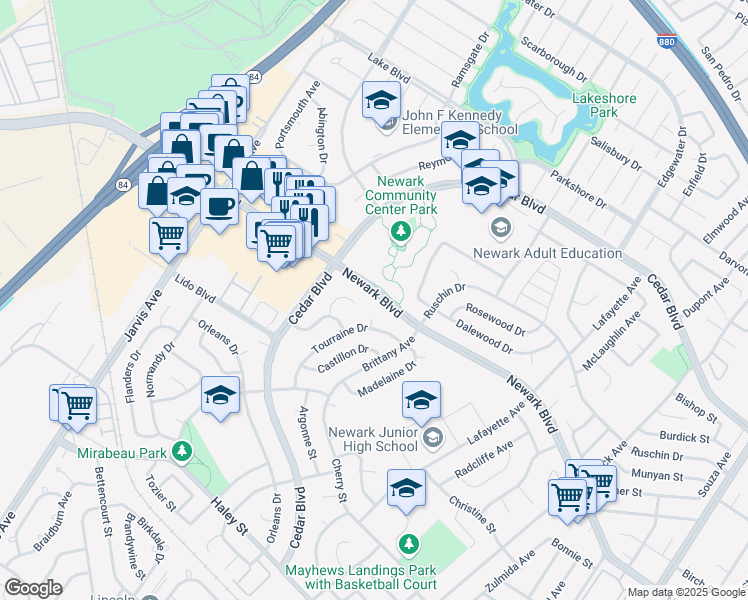 map of restaurants, bars, coffee shops, grocery stores, and more near 6067 Tourraine Drive in Newark