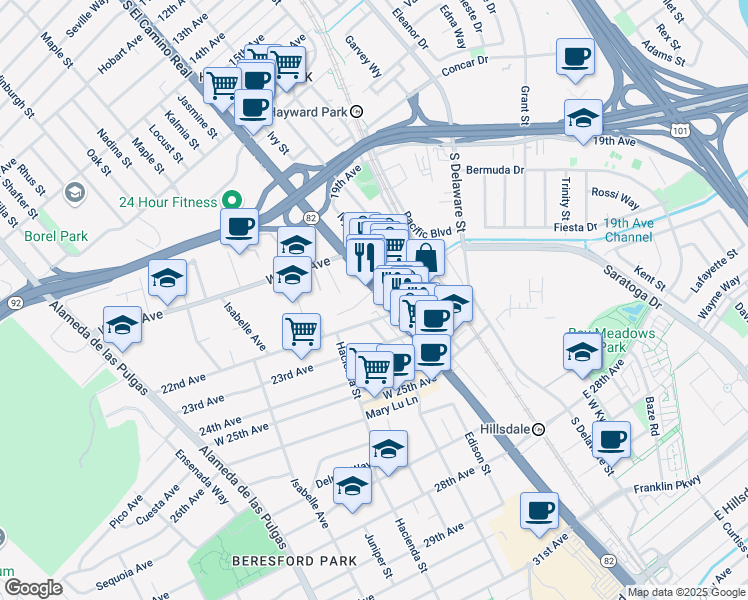 map of restaurants, bars, coffee shops, grocery stores, and more near 2174 South El Camino Real in San Mateo