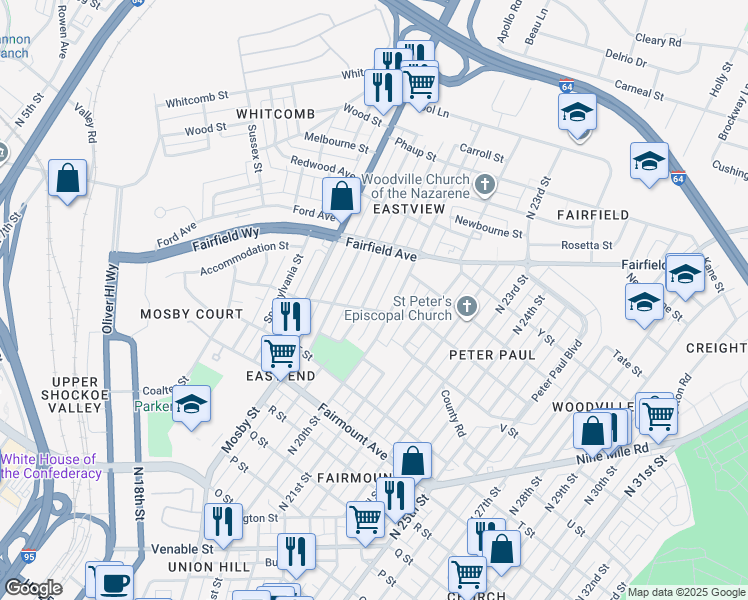map of restaurants, bars, coffee shops, grocery stores, and more near 1500 North 19th Street in Richmond