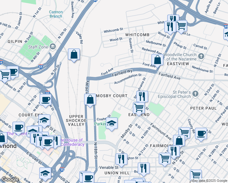 map of restaurants, bars, coffee shops, grocery stores, and more near in Richmond