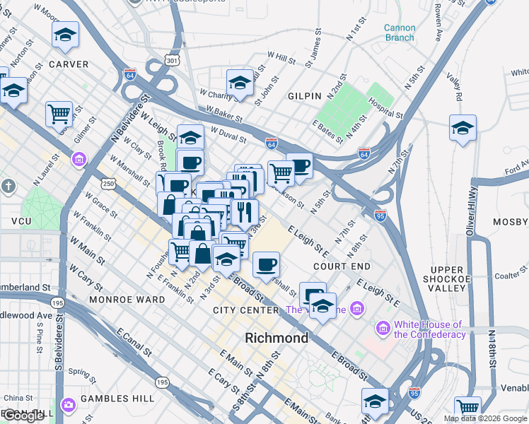 map of restaurants, bars, coffee shops, grocery stores, and more near 512 North 3rd Street in Richmond