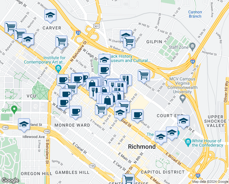 map of restaurants, bars, coffee shops, grocery stores, and more near 12 East Marshall Street in Richmond