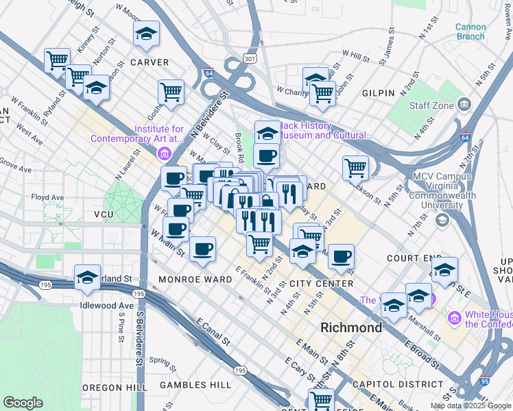 map of restaurants, bars, coffee shops, grocery stores, and more near 11 West Marshall Street in Richmond