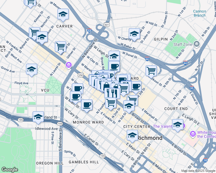 map of restaurants, bars, coffee shops, grocery stores, and more near 11 West Marshall Street in Richmond