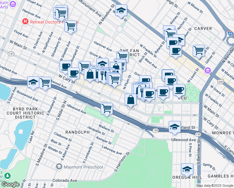 map of restaurants, bars, coffee shops, grocery stores, and more near 20 South Plum Street in Richmond