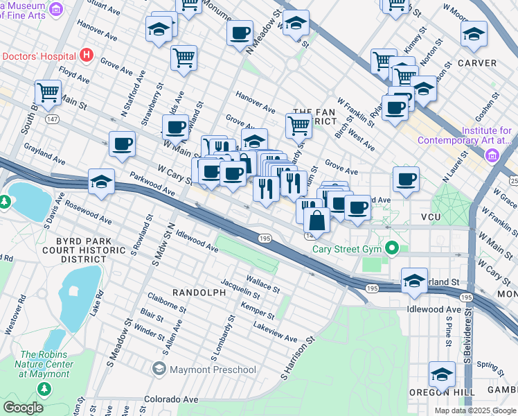 map of restaurants, bars, coffee shops, grocery stores, and more near 1528 West Cary Street in Richmond