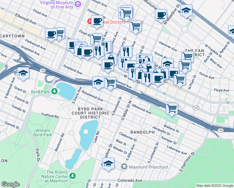 map of restaurants, bars, coffee shops, grocery stores, and more near 2024 Idlewood Avenue in Richmond
