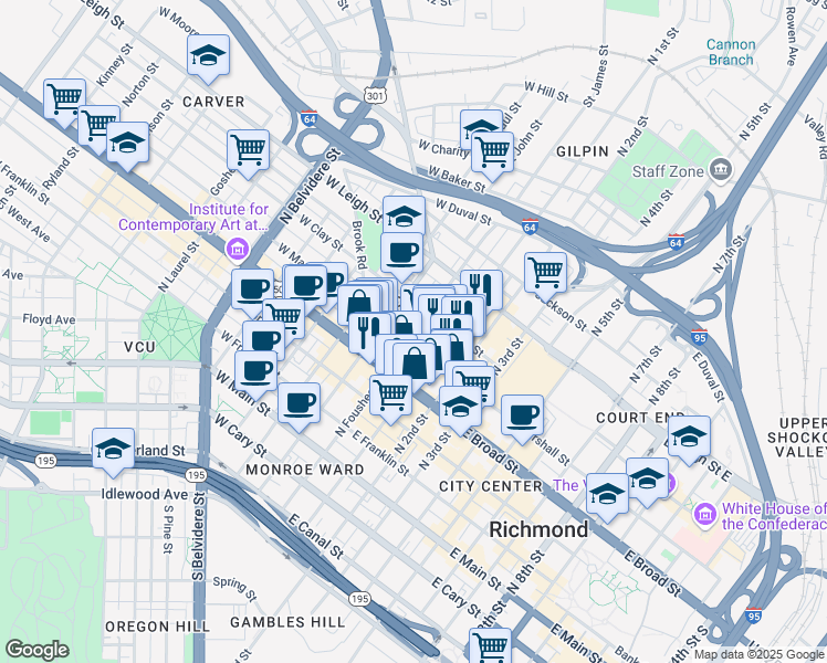 map of restaurants, bars, coffee shops, grocery stores, and more near 12 East Marshall Street in Richmond