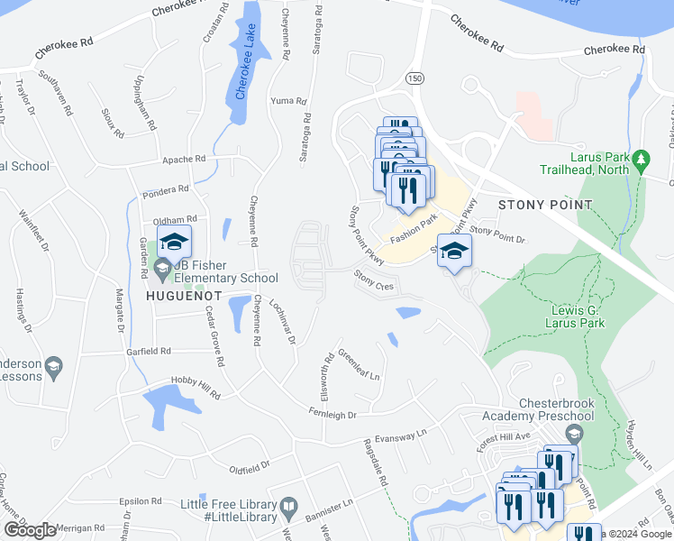 map of restaurants, bars, coffee shops, grocery stores, and more near Creeks Crossing Boulevard in Richmond