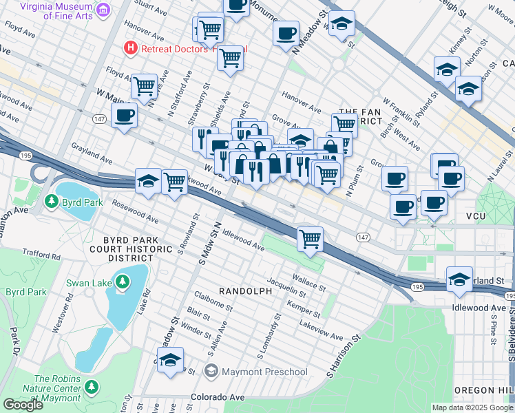 map of restaurants, bars, coffee shops, grocery stores, and more near in Richmond