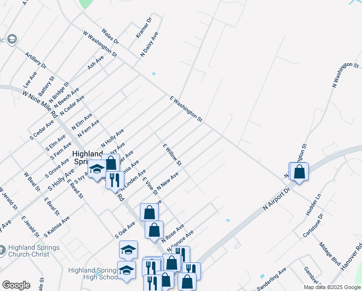 map of restaurants, bars, coffee shops, grocery stores, and more near 211 North Linden Avenue in Highland Springs