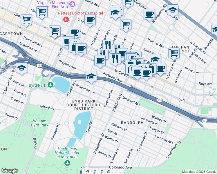 map of restaurants, bars, coffee shops, grocery stores, and more near 2100 Idlewood Avenue in Richmond