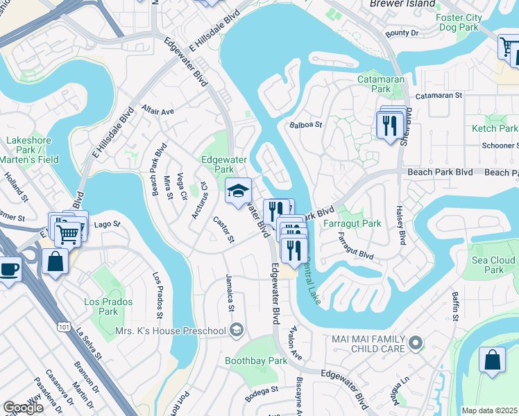 map of restaurants, bars, coffee shops, grocery stores, and more near 801 Ram Lane in Foster City