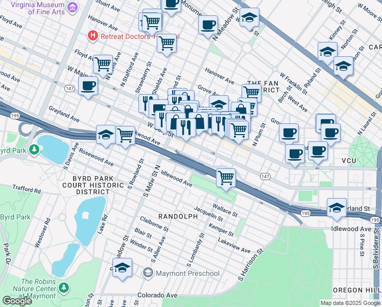 map of restaurants, bars, coffee shops, grocery stores, and more near 1818 Parkwood Avenue in Richmond