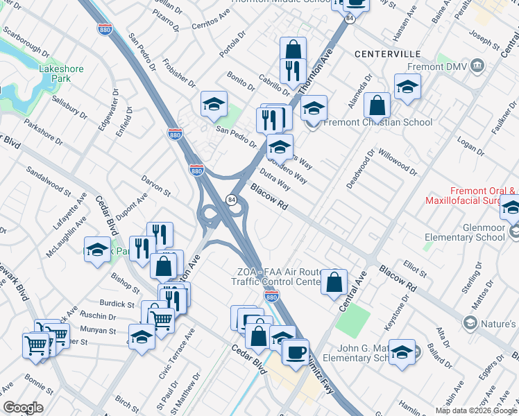 map of restaurants, bars, coffee shops, grocery stores, and more near 37114 Alexander Street in Fremont