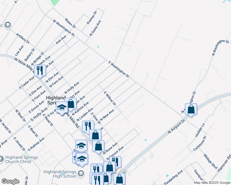 map of restaurants, bars, coffee shops, grocery stores, and more near 211 North Linden Avenue in Highland Springs