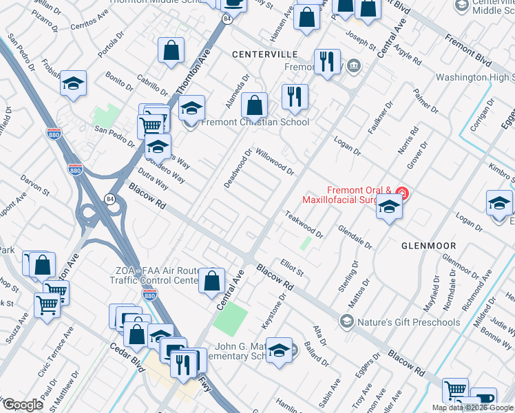 map of restaurants, bars, coffee shops, grocery stores, and more near 37488 Southwood Drive in Fremont