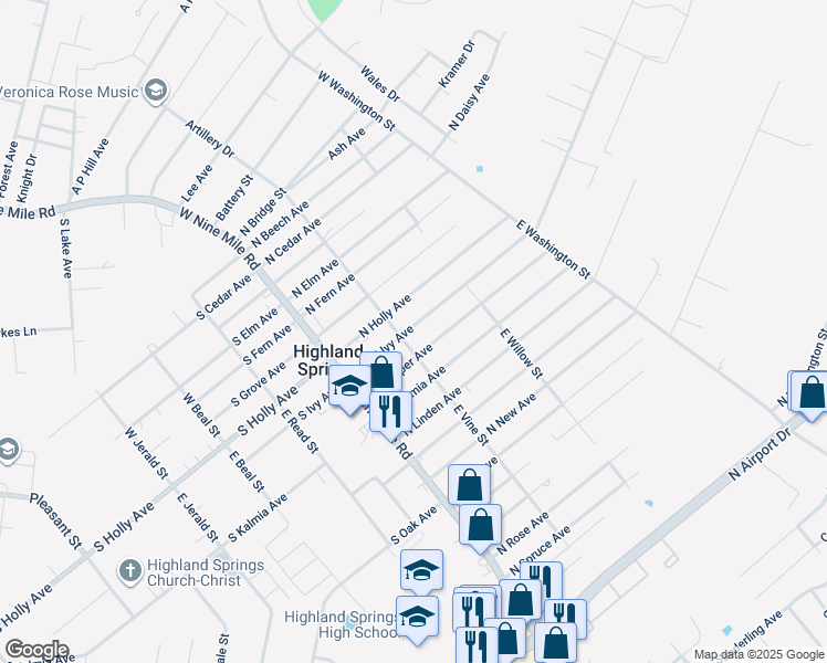map of restaurants, bars, coffee shops, grocery stores, and more near 105 North Ivy Avenue in Highland Springs