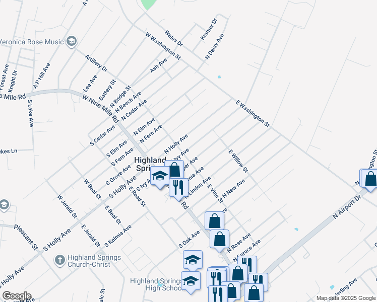 map of restaurants, bars, coffee shops, grocery stores, and more near 105 North Ivy Avenue in Highland Springs