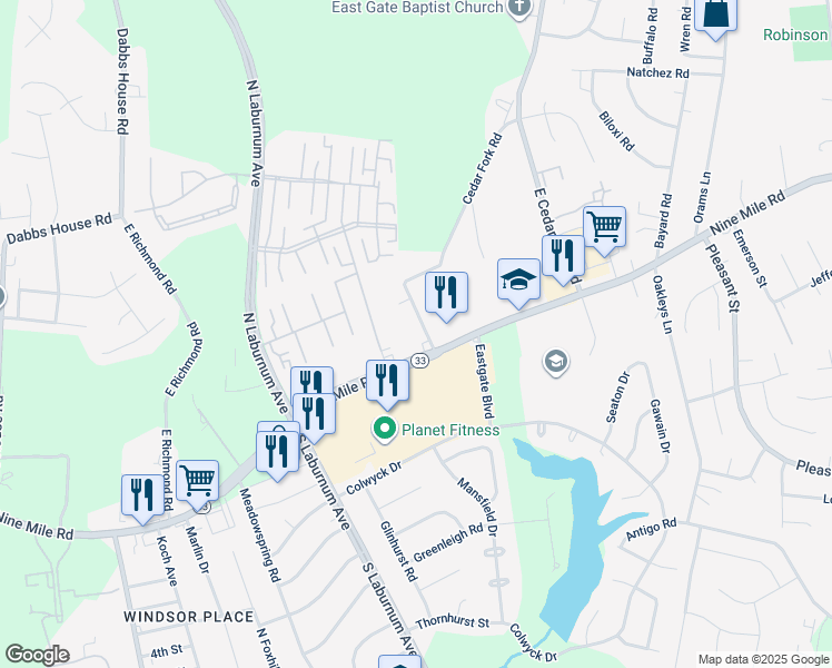 map of restaurants, bars, coffee shops, grocery stores, and more near 110 Cedar Fork Road in Richmond