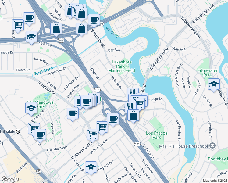 map of restaurants, bars, coffee shops, grocery stores, and more near 2736 Foster Street in San Mateo
