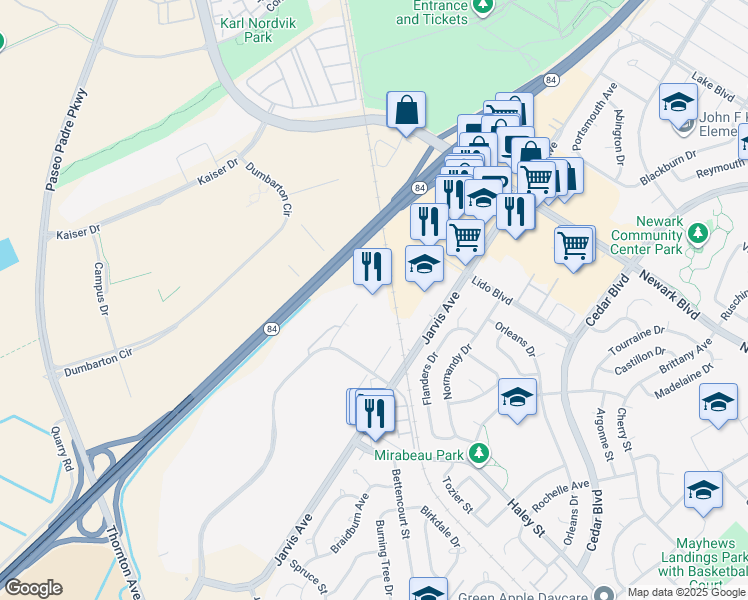 map of restaurants, bars, coffee shops, grocery stores, and more near 6500 Overlake Place in Newark