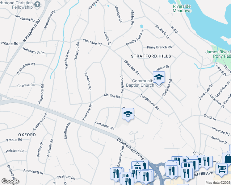 map of restaurants, bars, coffee shops, grocery stores, and more near 7708 Marilea Road in Richmond